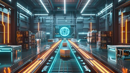 Futuristic Automated Logistics Warehouse with Robots Sorting Packages on High Tech Conveyor Belts