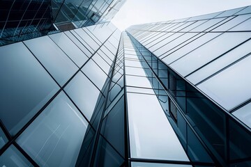 Obraz premium Low angle view of modern glass skyscrapers reaching towards the sky.