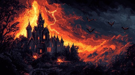 Dark Castle Surrounded by Bats and Lightning in Stormy Night