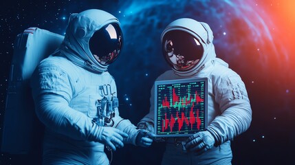 A striking low-angle perspective of astronauts examining a digital screen showing cascading stock market trends