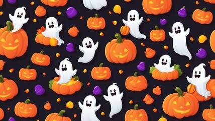 Naklejka premium Halloween, cartoon style, friendly ghost, pumpkin patch, candy corn, bright colors perfect for Halloween