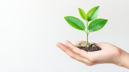 A hand supporting a small plant, symbolizing growth, care, and environmental sustainability, with soil and pebbles visible.