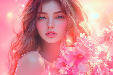 Radiant woman with soft, wavy hair and glowing skin, holding a bouquet of flowers. The pastel pink background gives her an ethereal, romantic look.