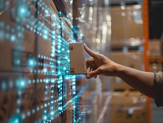 Hand Scanning QR Code on Package with Real Time Digital Data Overlay for Logistics and Warehousing