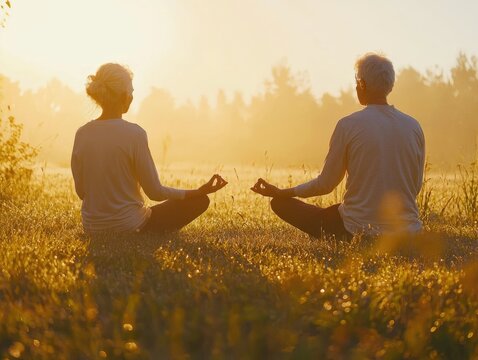 Senior couple practicing yoga at sunrise in the meadow