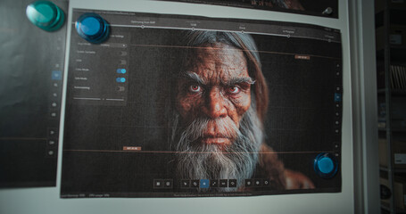 Board with printed images of 3D model of Neanderthals. Three dimensional realistic visualization of ancient humans created in professional program based on fossil remains in archaeological lab.