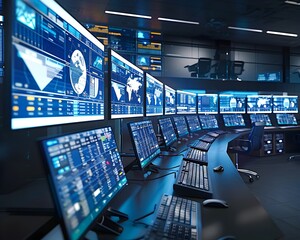 High tech Logistics Control Room With Live Data Screens for Efficiency and Warehouse Monitoring