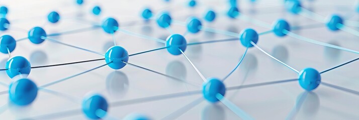 Networking nodes in blue on a light gray background With copy space