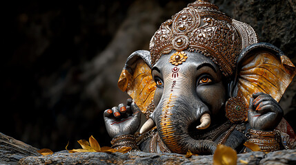 Ornate statue of Ganesha surrounded by leaves, showcasing intricate details and spiritual symbolism in a tranquil setting.