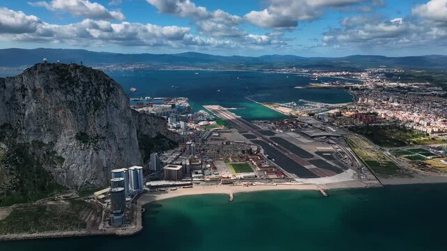 Aerial view of the rock of Gibraltar overlooking the ocean and airport, Gibraltar.