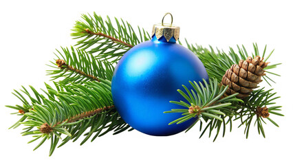 blue christmas balls decoration with evergreen fir branches isolated on transparent background