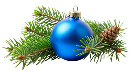 blue christmas balls decoration with evergreen fir branches isolated on transparent background