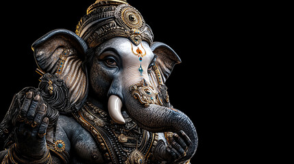 Obraz premium A detailed sculpture of Ganesha, the Hindu god, featuring intricate designs and a serene expression against a dark backdrop.