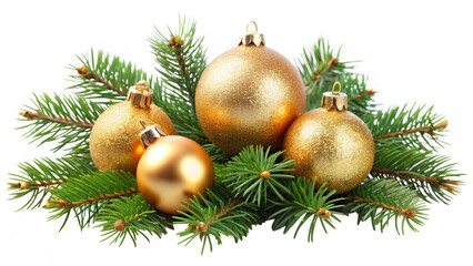 golden christmas balls decoration with evergreen fir branches isolated on transparent background