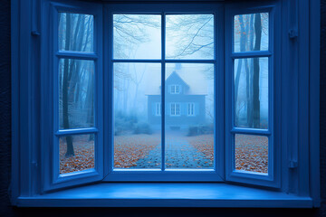 Mysterious Foggy View: Through a blue window, a spooky house emerges from the mist, casting an eerie spell. The autumn leaves scattered on the ground and the desolate silence of the forest  