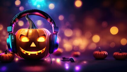 Halloween party. Jack O' Lantern pumpkin wearing headphones with multi color bokeh background
