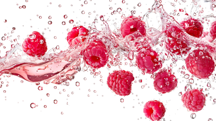 Raspberries falling into a splash of sparkling rosé wine, bubbles rising with the fruit, isolated on a white background