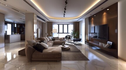 Fototapeta premium Modern living room with a large sectional sofa, a coffee table, and a television on a wall unit.