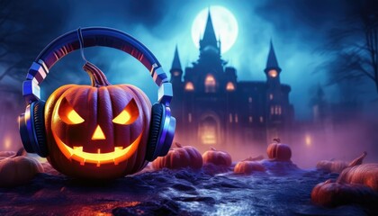 Halloween party. Jack O' Lantern pumpkin wearing headphones on Spooky old gothic castle, foggy night, haunted mansion background of a scary Halloween night.