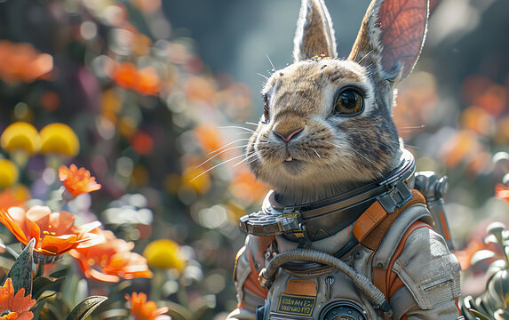 On an alien planet, rabbits in astronaut gear pound mochi with long hammers, alien flora and fauna surrounding them