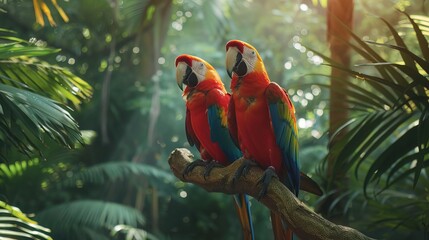 Pastel colored parrots in the rainforest, their vivid plumage standing out against a lush, green backdrop