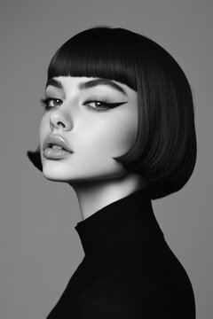 Sophisticated woman with a sleek bob haircut and bold eyeliner, dressed in an elegant black outfit. The gray background adds a touch of mystery to her allure.