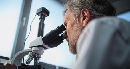 Close up of mature scientist conducting scientific research, analyzing fossil sample under...