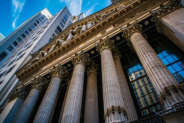 Low angle view of a building with columns, against a blue sky.