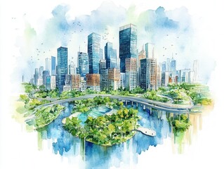 Naklejka premium A vibrant watercolor cityscape featuring modern skyscrapers and lush greenery along a serene river.