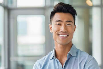 Smiling Asian man in blue shirt looking at camera