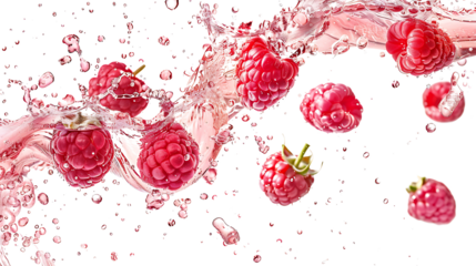 Raspberries falling into a splash of sparkling rosé wine, bubbles rising with the fruit, isolated on a white background
