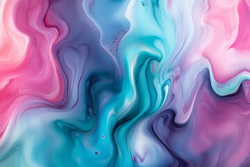 Fototapeta premium Swirling liquid paints in vibrant hues of pink, purple, and teal, blending seamlessly into each other with a glossy, smooth texture that creates a mesmerizing marbled effect.