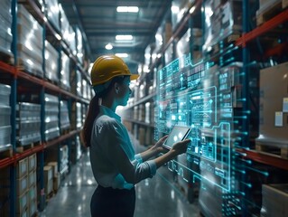 Warehouse Worker Using Tablet with Holographic Inventory Analytics Display