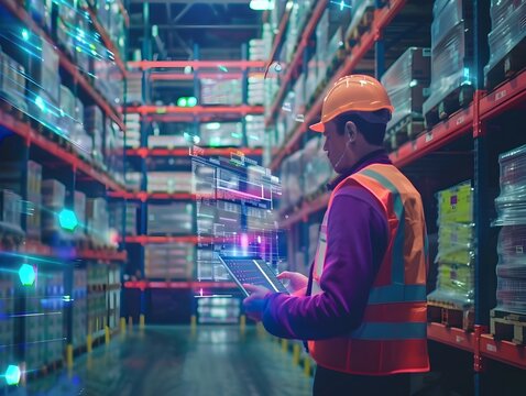 Warehouse Worker Using Tablet to Manage Inventory with Holographic Display Analytics