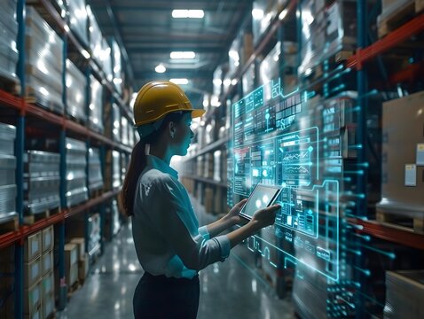 Warehouse Worker Using Tablet with Holographic Inventory Analytics Display - Powered by Adobe