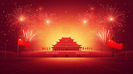 chinese national day celebration with fireworks and flag