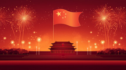 chinese national day celebration with fireworks and flag