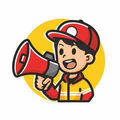 A man is holding up an open red megaphone and shouting in a simple drawing style