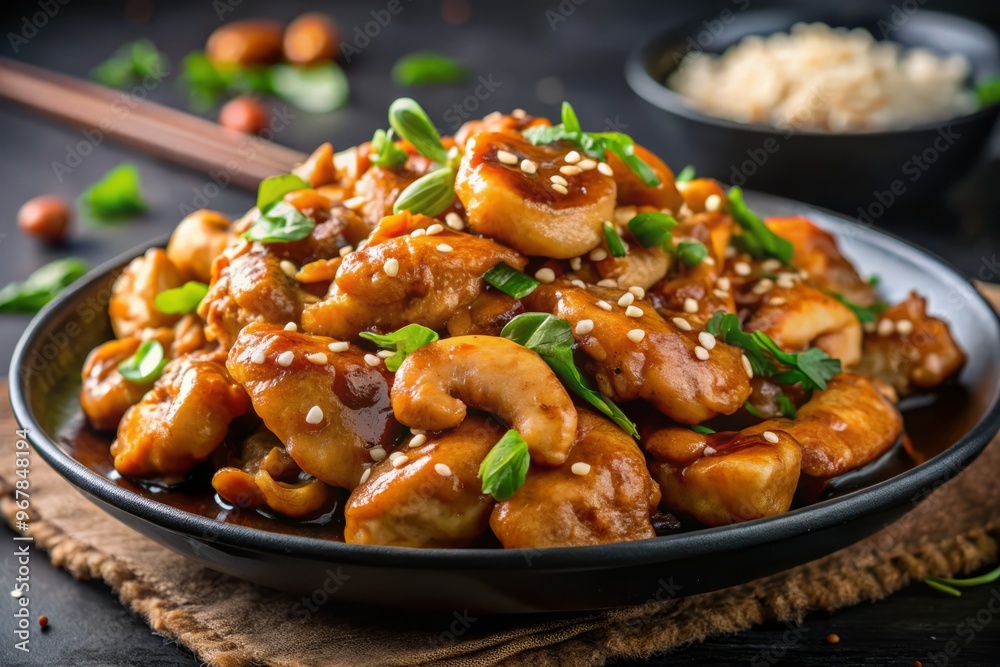 Wall mural A mouthwatering close-up of a single piece of cashew chicken, glistening with savory sauce and perfectly toasted cashews, set against a rich, dark background to enhance the warm colors.