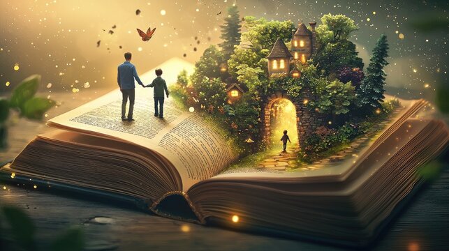 A large open book with an archway to a magical world is on the table in the room. There is a magical fairy tale world in the book. At the entrance 