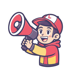 A man is holding up an open red megaphone and shouting in a simple drawing style