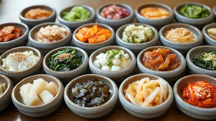 Assorted banchan in small ceramic dishes, Korean side dishes, culinary variety