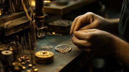 A craftsman meticulously assembling intricate jewelry pieces in a workshop.