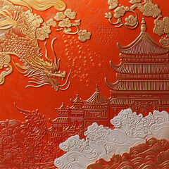 ornate chinese dragon and temple embossed design