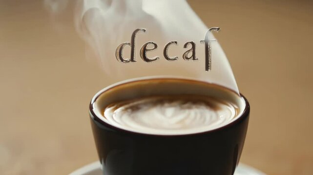 A steaming cup of decaffeinated coffee with the word "decaf" elegantly displayed above, capturing a calming and caffeine-free moment