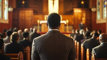 Congregants attend a worship service in a warmly lit church.