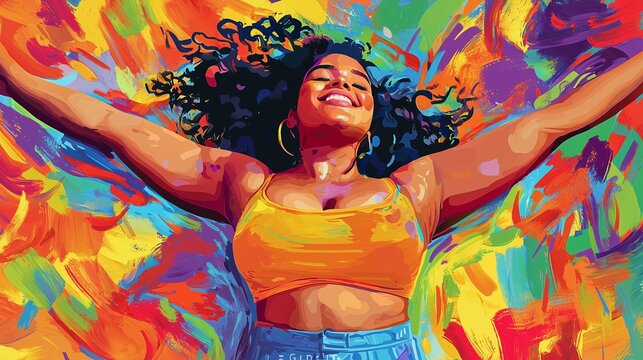A joyful woman with outstretched arms against a vibrant, colorful background, celebrating body positivity and self-love.