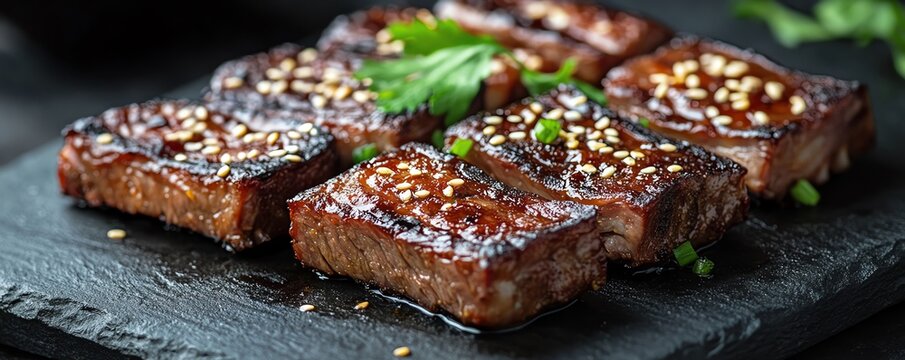 Elegant serving of galbi short ribs with garnish on a dark background, Korean BBQ, luxury dining