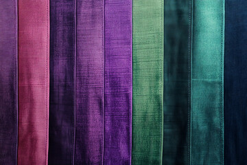 Fototapeta premium Vertical gradient stripes in rich jewel tones, transitioning from amethyst purple to emerald green, with a smooth, velvety texture for an elegant finish.