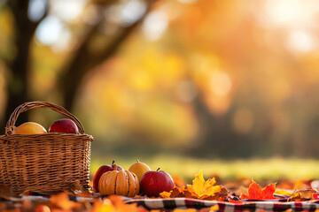 A vibrant autumn scene featuring a basket of apples, pumpkins, and fallen leaves, capturing the essence of the fall season.